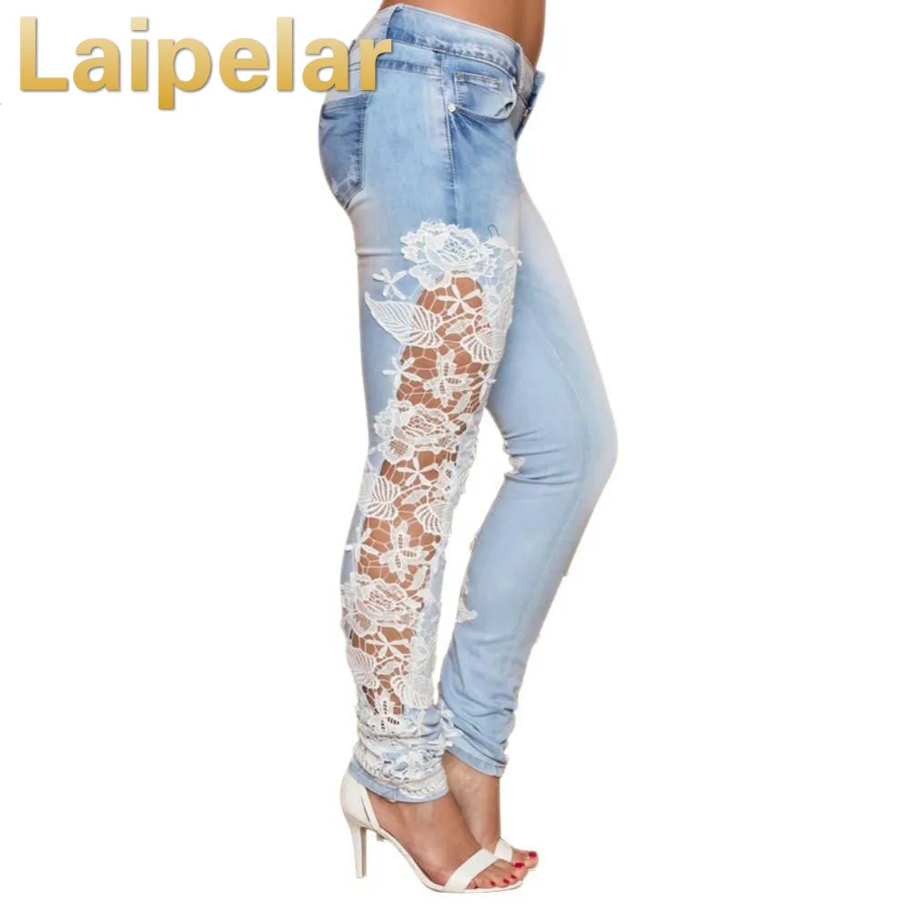 Laipelar Women Fashion Side Lace Jeans Hollow Out Skinny Denim Jeans Woman Pencil Pants Patchwork Trousers for Women Ropa Mujer