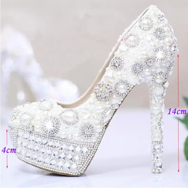 Luxury White Pearls Crystal Wedding Bridal Dress Shoes Closed Toe  Popular Shoes women Bridal  Dress Shoes