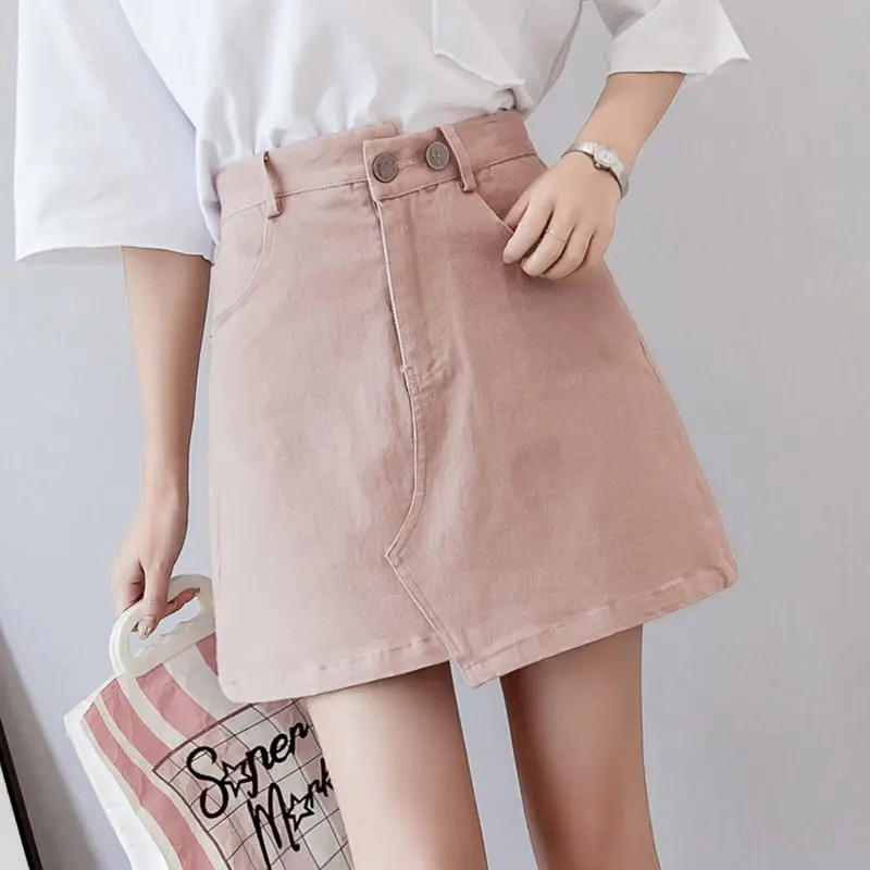 

Korea Women Summer Black Blue Solid Casual High Waist Asymmetri Denim Skirts High Street Pockets Button All-matched Jeans Skirt