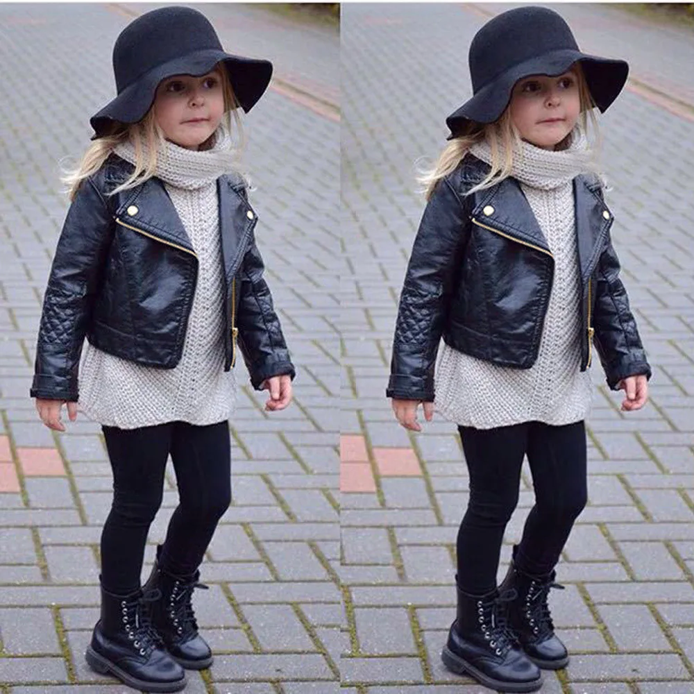 

Autumn Winter Girl Boy Kids Baby Outwear Zipper Pocket Leather Coat Long Sleeve Short Jacket Clothes Suitable for 12M-5T Kids