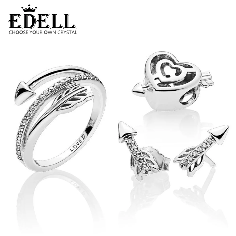 

EDELL 100% 925 Sterling Silver 1:1 Reflexions Asymmetric Heart and Arrow Clip Sparkling Earring Ring Valentine's Day Gift Set