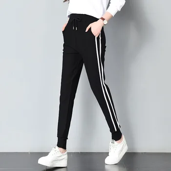 

2018 Spring Sweatpants Women Casual Harem Pants Loose Trousers For Women Black Striped Side Sweat Pants Female Plus Size M-XXL