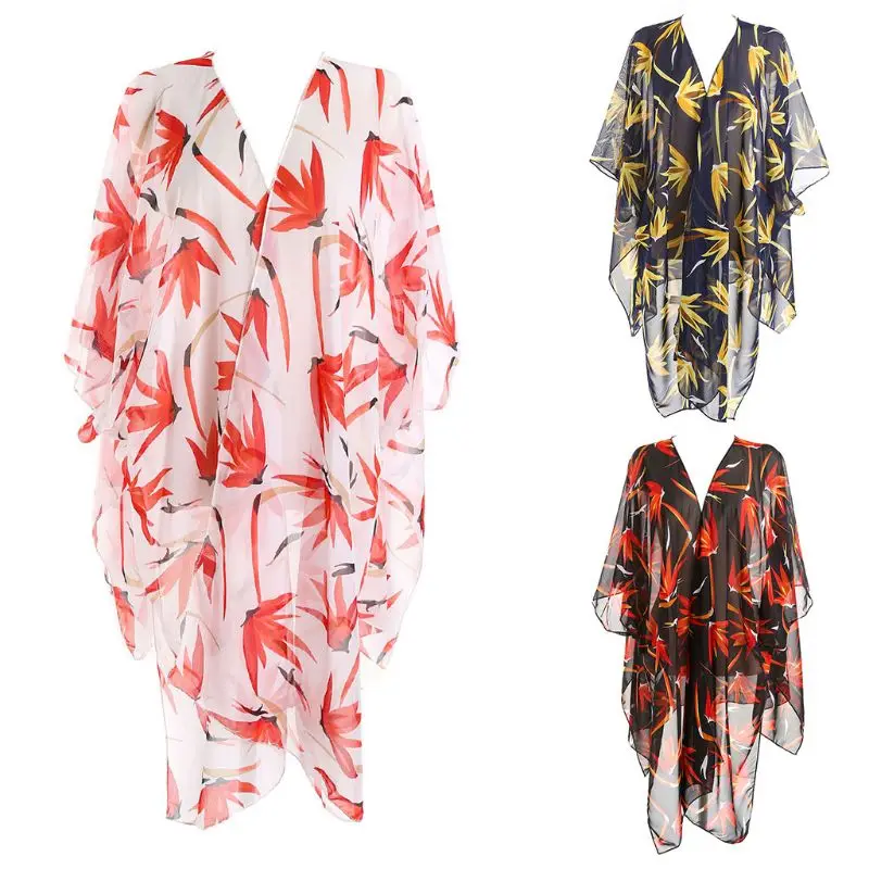 

3 Colors Women Summer 3/4 Sleeves Swimsuit Cover Up Bohemian Colored Maple Leaf Floral Printed Kimono Cardigan Side Solid
