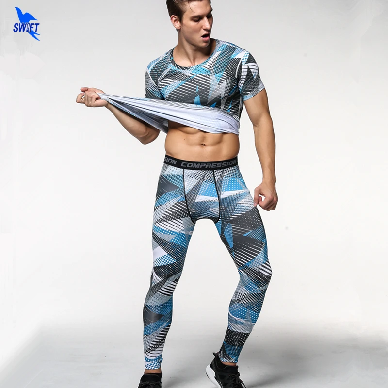 High Elastic Mens Compression Short Sleeve Shirt+tights Running Set