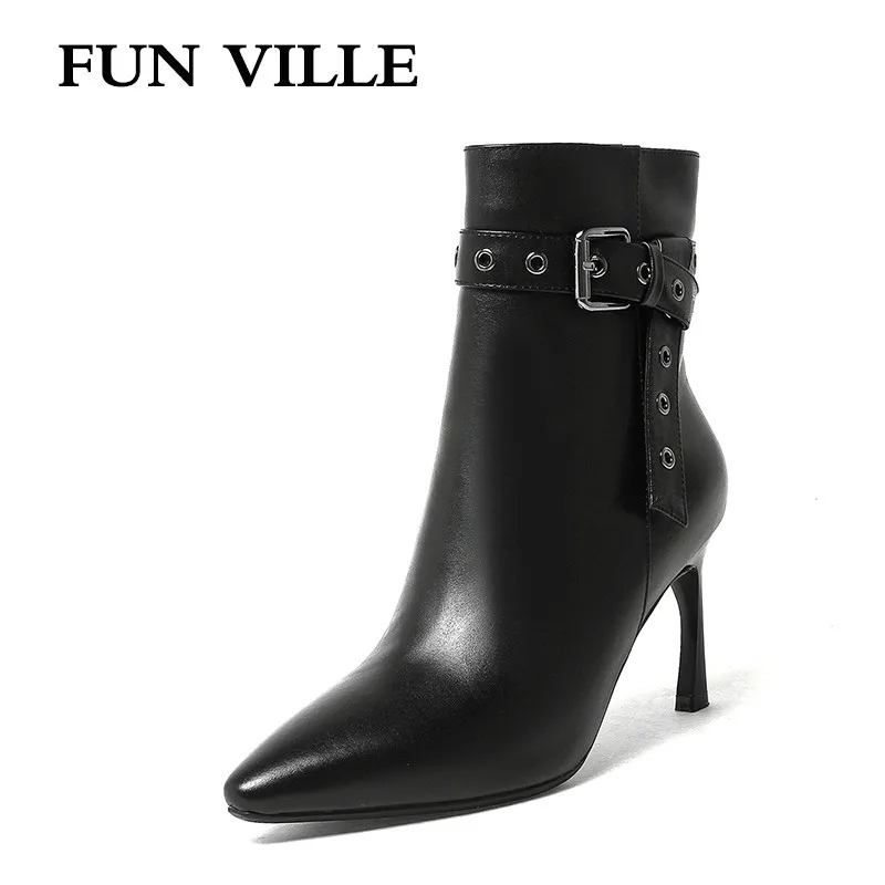 FUN VILLE 2017 Autumn Winter Women Ankle Boots Genuine leather High