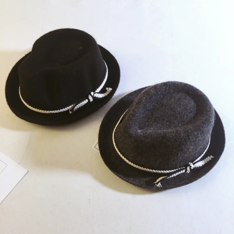 100% шерсть детская зимняя Джаз Fedora Hat Solid Фетр зима Кепки для Обувь для мальчиков Обувь для девочек большими полями ковбойской Панама Шляпы