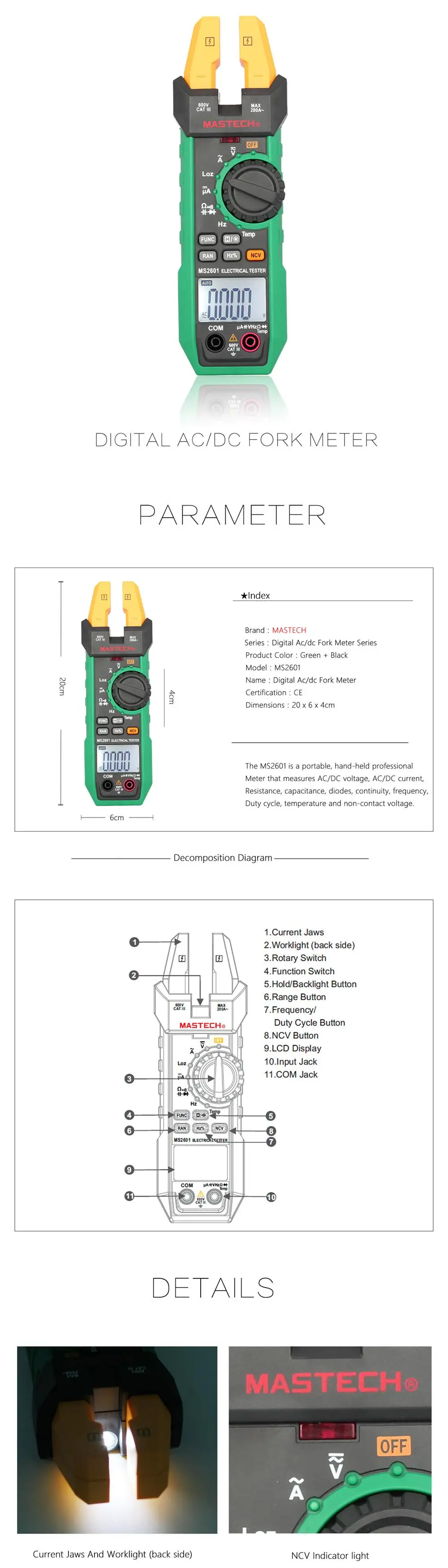 Mastech MS2601 цифровой AC/DC вилка метр 200A 12 мм Напряжение Ток Сопротивление диоды непрерывность частоты рабочий цикл температура