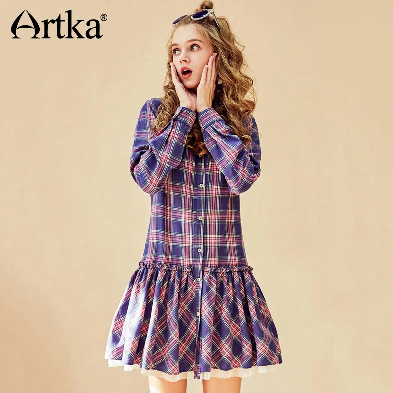 

ARTKA 2018 Autumn New Women Casual Cotton Preppy Style A-line Ruffled Lantern Sleeve Plaid Dress LA10883C