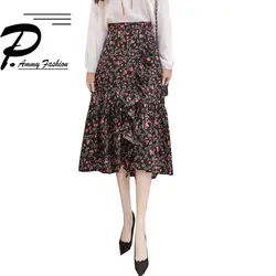 2019 новая весенняя Асимметричная шифоновая юбка трапециевидной формы с оборками, женская модная пикантная длинная юбка с цветочным принтом