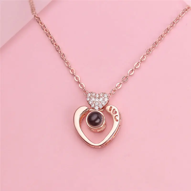

Romantic Love Memory Wedding Necklace Double Heart 100 languages I love you Projection Pendant Necklace Zircon Romantic Jewelry