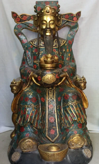 

JP S0524 40" Huge Chinese Temple Bronze Gilt Cloisonne Money Wealth Mammon Caishen Statue