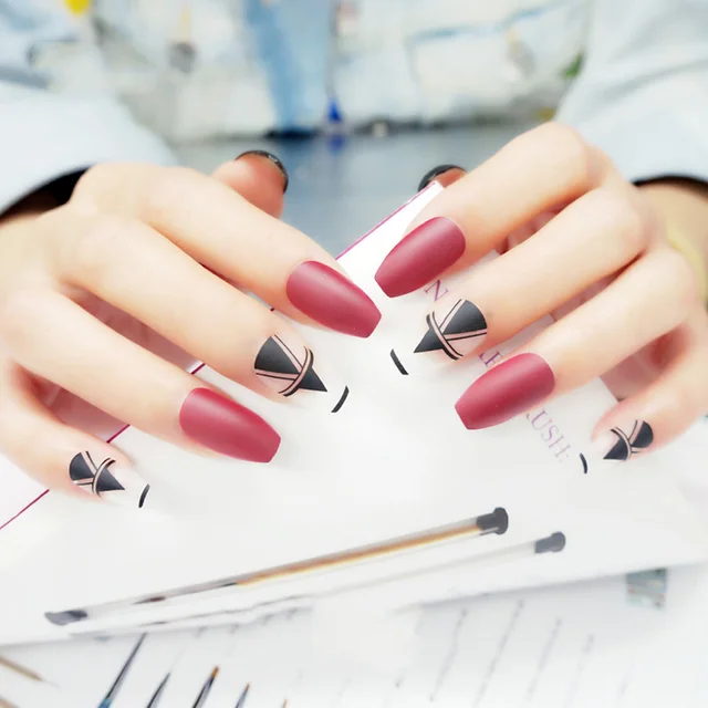 24pcs Fake Nails Coffin Elegant Solid Wine Red Long Full Cover False 24pcs Fake Nails Coffin Elegant Solid Wine Red Long Full Cover False With Designs Glue