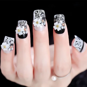 

Hot Sell 24PCS Wedding Fake nails for bride Black Glitter 3d White Flower pearl Long False Nail Tips acrylic artificial nails