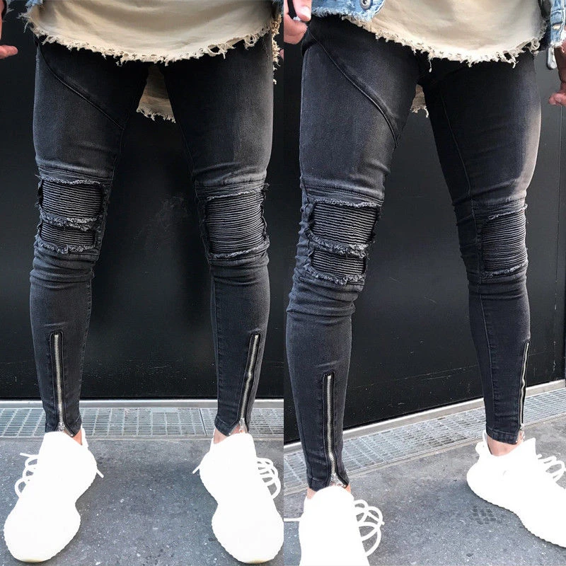 Новинка 2017 года Осенняя мода Рваные джинсы Для мужчин длинные Мотобрюки Skinny Distressed лодыжки молния Джинсы для женщин джинсовые штаны плюс