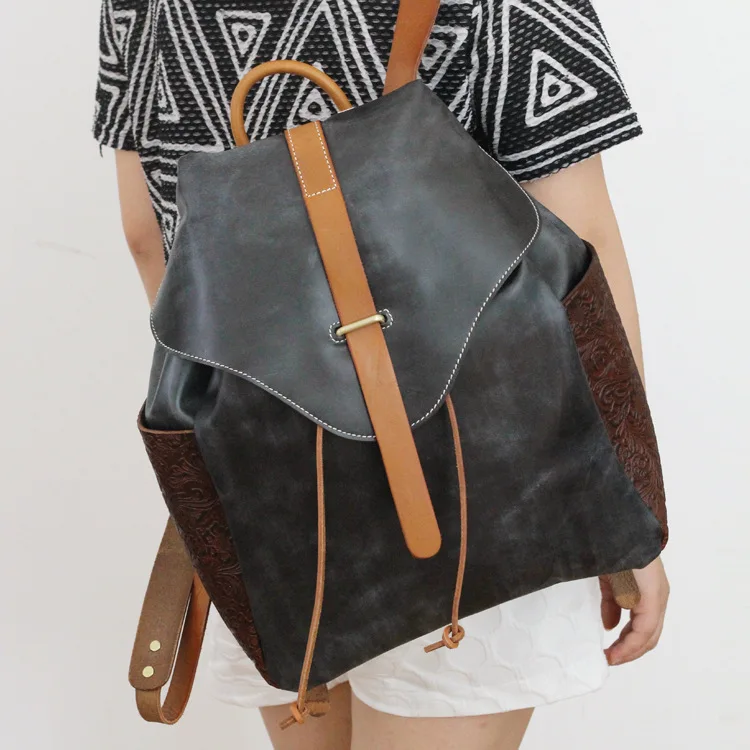 

2017 Vintage genuine leather Embossed water wash material women backpack cow leather lady's cover large knapsack school pack