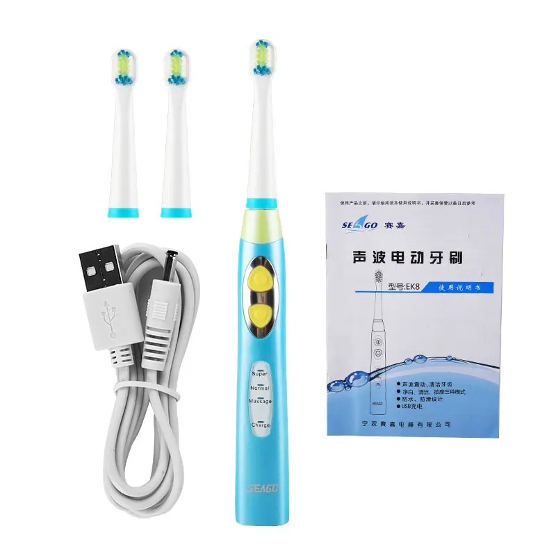 

USB SEAGO Electric Toothbrush Waterproof Sonic Baby Tooth Brushes With 3 Cleaning Modes DuPont Nylon 3 Replaceable Brush Heads