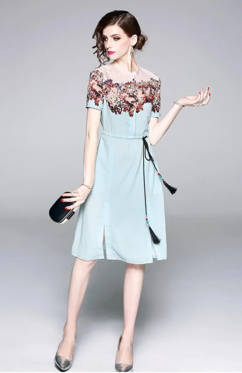 2018 New Autumn European Fashion Print dress Vintage Floral Print Patchwork Short Sleeve Casual Dress With Beaded Belt