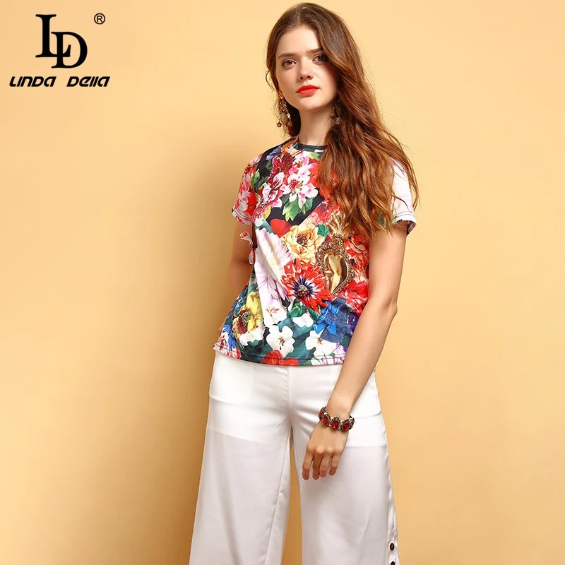 Женская модельная футболка LD LINDA DELLA, винтажный хлопковый топ с коротким рукавом, бисером, блестками, аппликацией и принтом