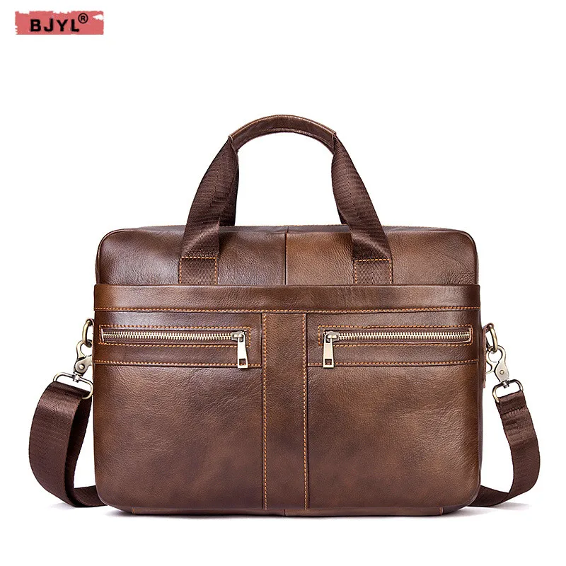 

BJYL Genuine Leather Men handbags luxury brand shoulder bags business male 14 inch laptop briefcase brown / black messenger bags