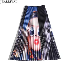 JEARRIVAL весенние женские длинные юбки модные уличные Стильные красивые женские с узором Высокая талия плиссированная юбка макси saia faldas Mujer