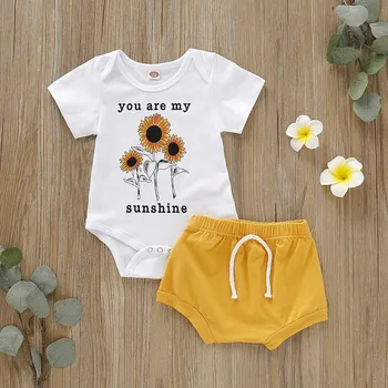

Baby Girls Clothes Sunflower Tops Short Sleeve Romper+Yellow Short Long Pants Shorts Outfits 0-24M Sunsuit Kids Clothing