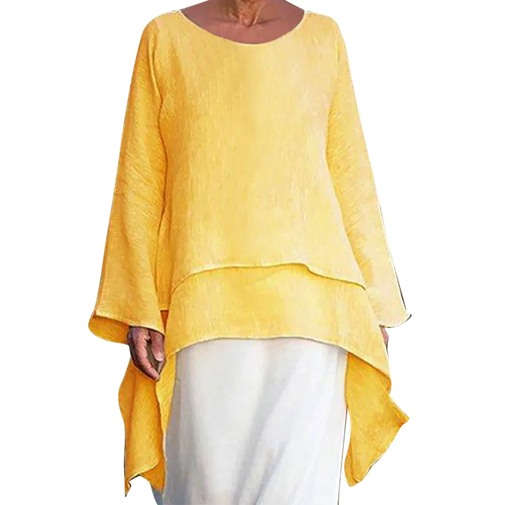 Женская хлопковая льняная блузка с круглым вырезом и длинным рукавом, однотонная женская рубашка с расклешенным рукавом, повседневные свободные женские блузки, женские блузы, Новинка - Цвет: Цвет: желтый