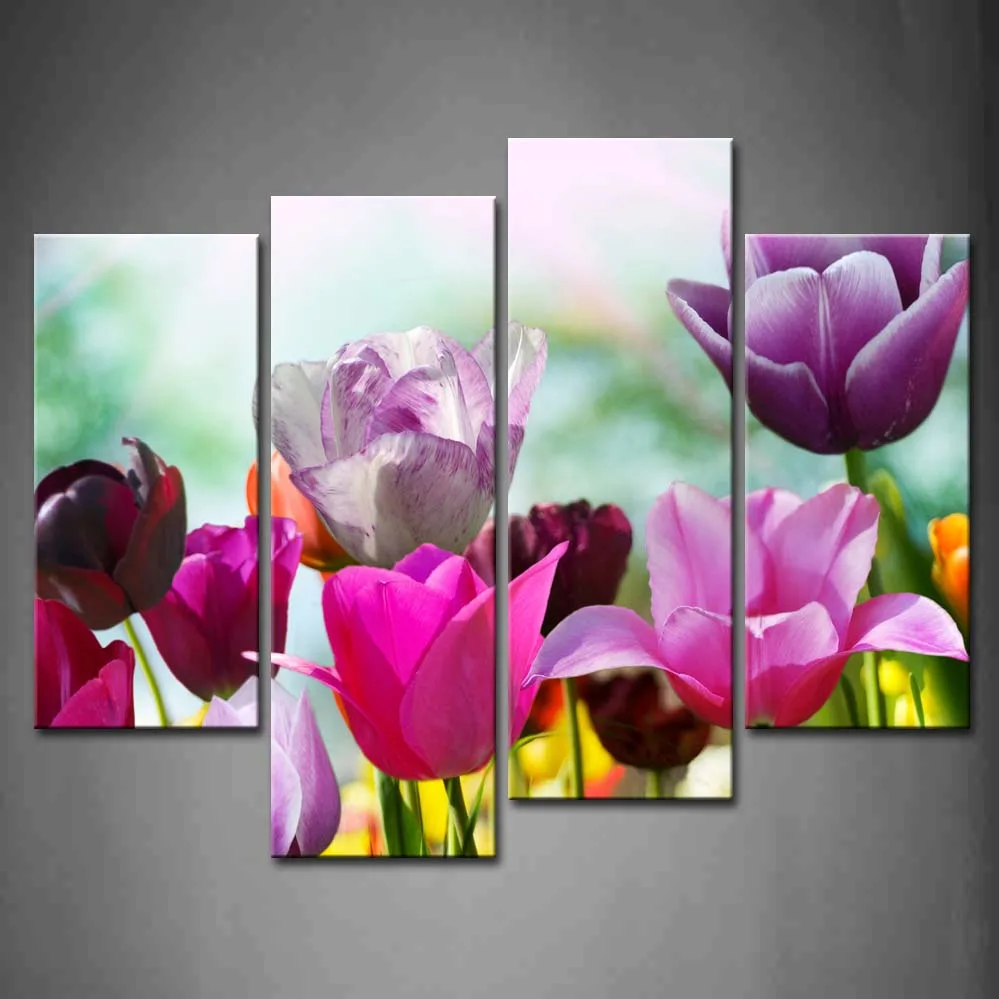 

4 Panels Unframed Wall Art Pictures Spring Flowers Tulip Canvas Print Artwork Modern Flower Posters For Living Room