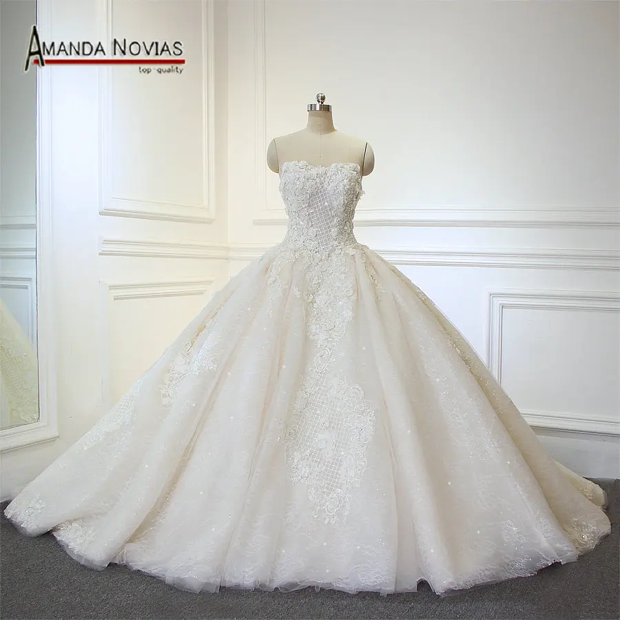 

2019 vestido de noiva New Real Luxury Long Train Wedding Dress Amanda Novias Real Photos