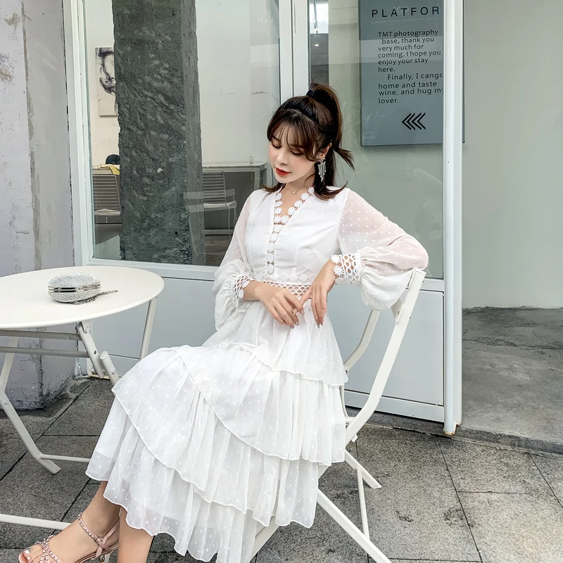 

Kmbraeal Summer White Lace Holiday Dress Fahion Women Lantern Sleeve V-neck Cake Loose Midi Dress Hollow Out Casual Office Dress