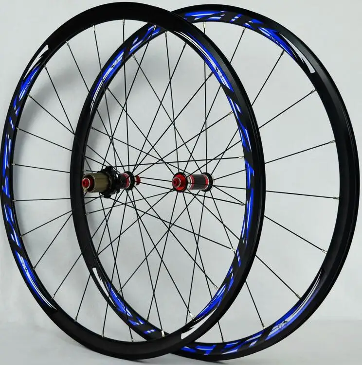 MEROCA 700C дорожный велосипед велосипедное углеродное волокно герметичные подшипники колеса прямые тяги V/C тормоза 30 мм обод колеса - Цвет: black hub blue