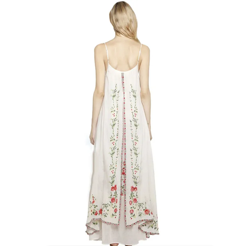 Boho/платье-комбинация с ремешками; платье без рукавов с оборками; богемное платье с цветочной вышивкой; vestidos mujer; длинное платье; хлопковое летнее платье