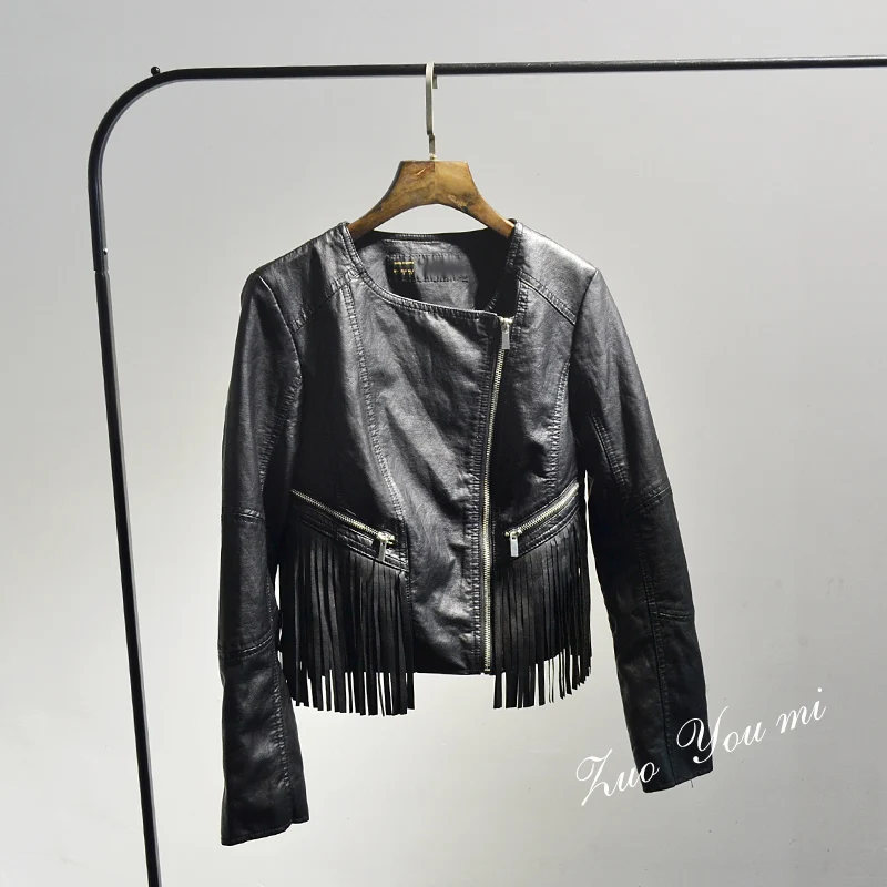 

2016 Solid Coats Offer Tassel Full Women Jacket 2017 Spring And Autumn New Pu Leather Paragraph Women's Short-necked Fringed