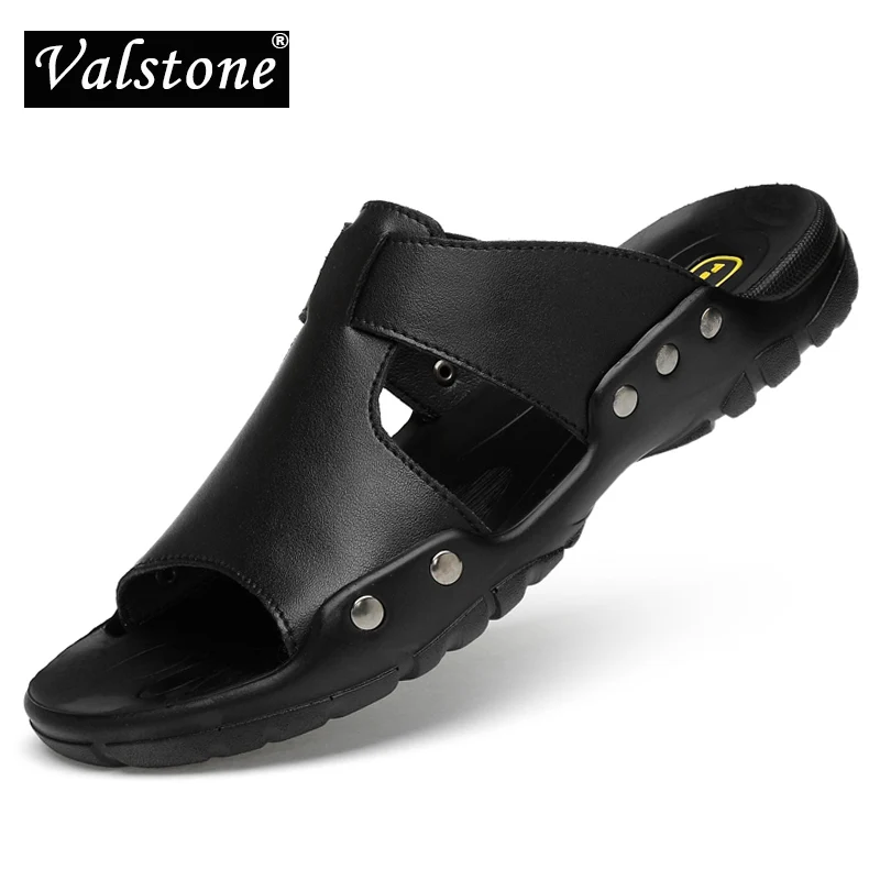 Valstone/мужские кожаные шлепанцы; Летние качественные сандалии из спилка; пляжная обувь с открытым носком; hombres sandalias; Цвет Черный; большой размер 52