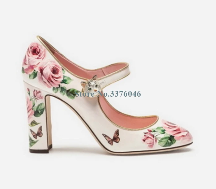 

Round Toe Printing Thick Heel Pumps White Leather Flower Retro Women Shoes Cute Cat Buckle Strap Sweet Shoes Spring New Arrival