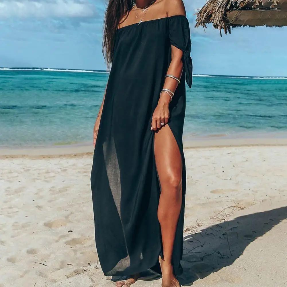 Avondii Robe de plage en mousseline pour femme Longueur genoux Épaules nues Plage Été Tunique