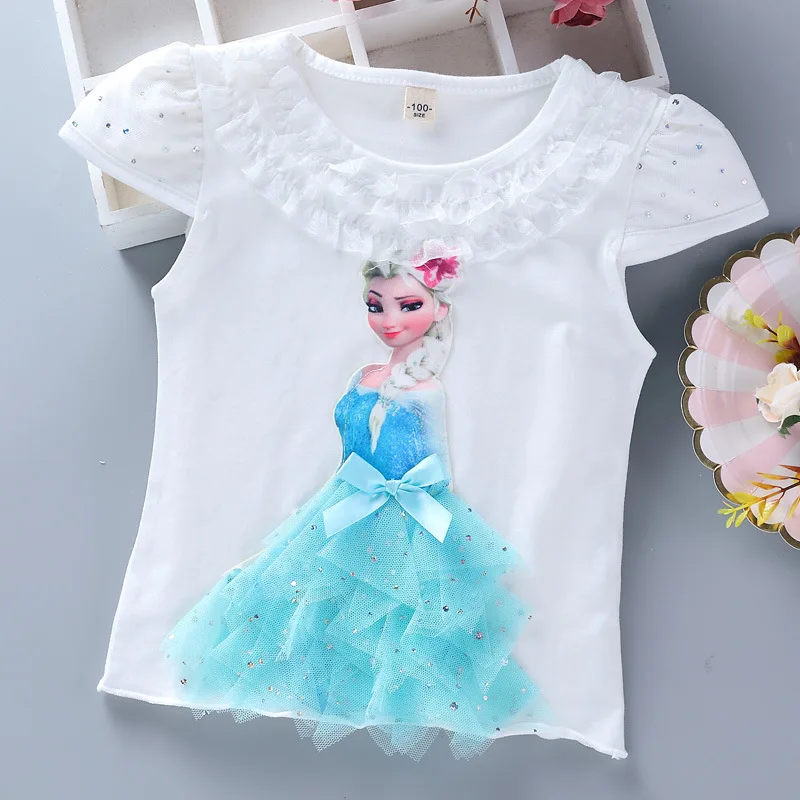 Летняя футболка принцессы для девочек Детские хлопковые футболки с изображением Эльзы и Анны, кружевная футболка детская одежда с 3D алмазной аппликацией на день рождения