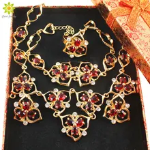 African Gold Color Luxury Bridal Jewelry Sets Wedding Women Wedding Red Flower Necklace Jewelry Sets +Gift Boxes