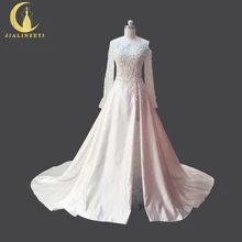 Rhine Real Sample Image Sexy Long Sleeves Pearls Crystal Satin Slit court train New Bridal Wedding Gown