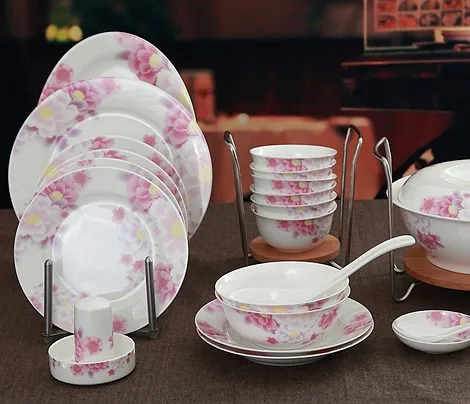 48-1 предмет, розовый цветок, костяной фарфор посуда сервис столовый сервиз, керамика Японский Посуда