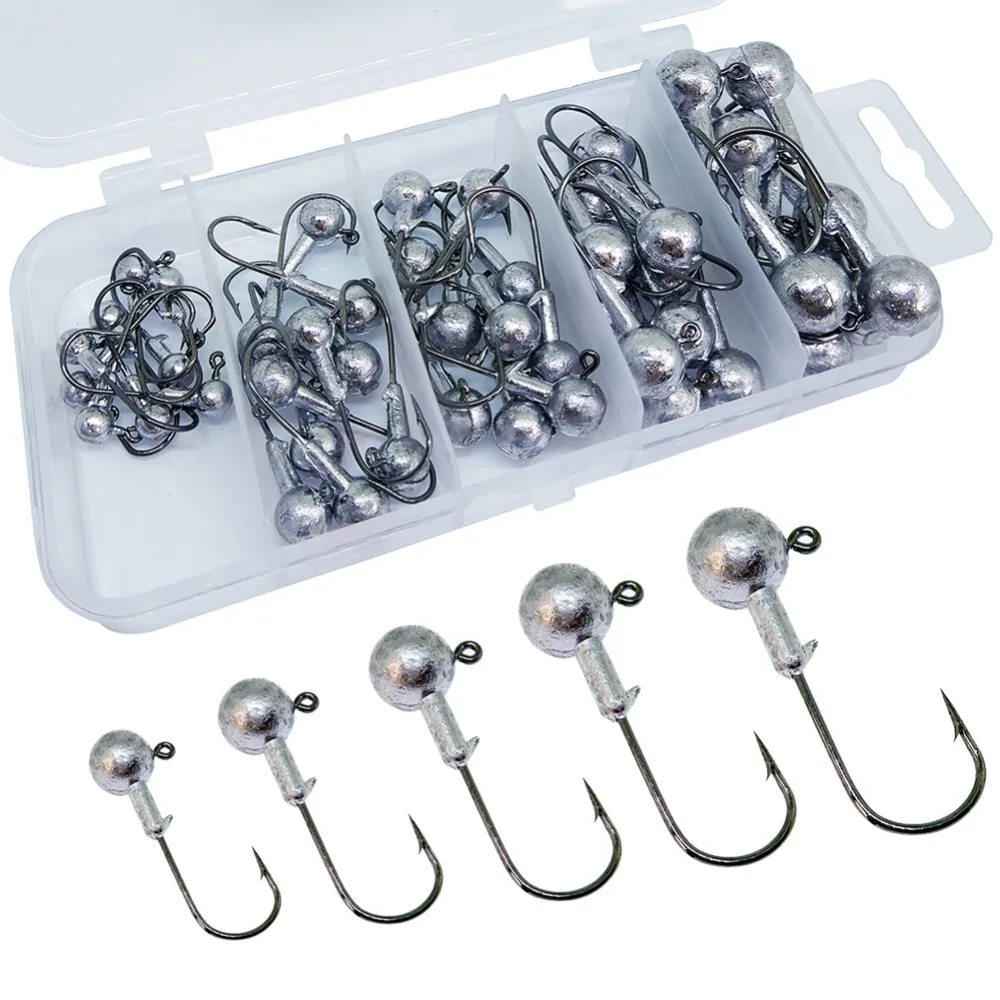 

50-pieces Jig Head Fishing Hooks Set 1.5g-10g Lead Jighead Fishhooks Jigging Hook Unpainted Worm Circle Hook for Carp Fishing