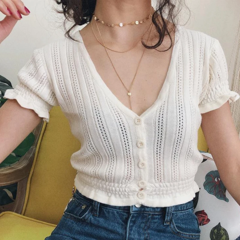  Summer short sleeve crop top womens tops and blouses elegant ruffle vintage blusas white shirt kore