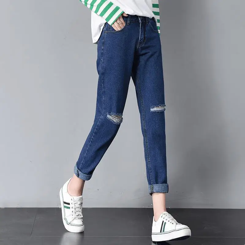 Рваные в стиле бойфренд джинсы для женщин с высокой талией повседневные джинсы женские уличные шаровары брюки длиной до щиколотки P022 - Цвет: Hole Navy Blue