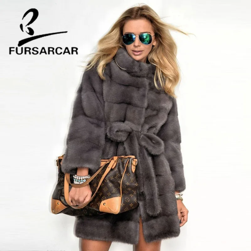 

FURSARCAR 2018 Real Mink Fur Coats Women With Fur Collar Whole Skin Winter Warm Jacket Female Luxury Mink Fur Coat Hot Sale