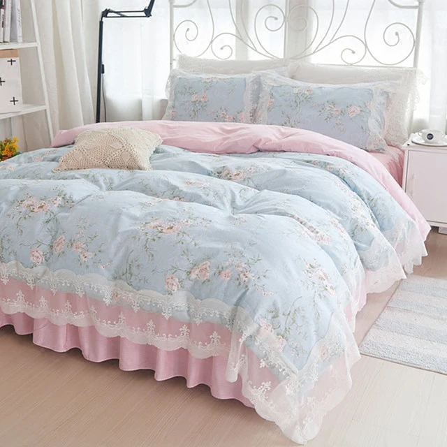 Korean Princess bedding set cotton 4pcs girls lace duvet cover set king