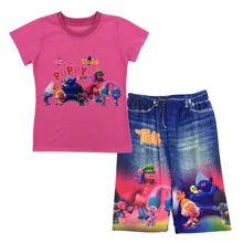 2017 D’été Trolls Enfants Filles Ensemble À Manches Courtes T-Shirt + Shorts pantalon 2 pcs/ensemble Filles Set Enfants Costume H788