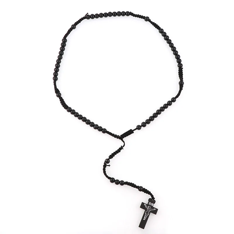 8mm Catholic Black Wooden Rosary Beads Orthodox Cross Wood Woven Rope Necklace Of Religious Jewelry Men Women - Image 5