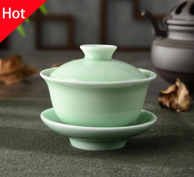 Chinese Celadon Gai Wan Tea Set Bone China Cup Dehua Gaiwan Porcelain Teacup For High Quality Creative Kettle huismerk kopen in de aanbieding Chinese Celadon Gai Wan Tea Set Bone China Cup Dehua Gaiwan Porcelain Teacup For High Quality Creative Kettle huismerk kopen in de aanbieding