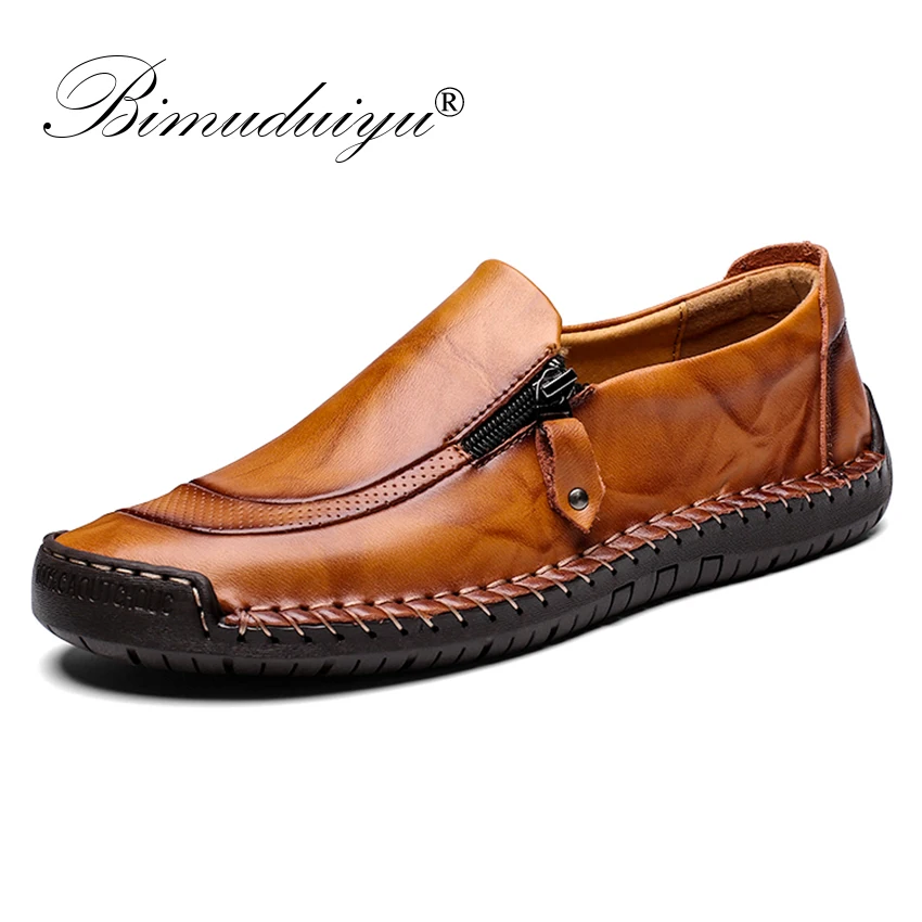 BIMUDUIYU Handmade Genuine Leather Shoes Men Luxury Brand Casual Moccasins Men Fashion Loafers Slip on Rubber Flats Zip opening