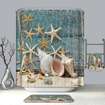 

3D Sea View Shower Curtains Sea Star Conch and Shell Waterproof Mildew Proof Thickened Bath Curtains for Bathroom