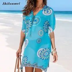 Кружевное с v-образным вырезом пляжное платье полый пляжный купальник шифоновая Женская Туника синяя купальник с принтом печатные летние